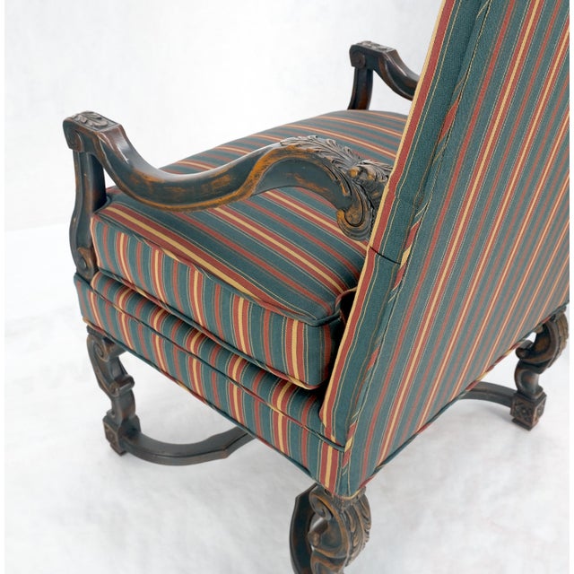 Pair of Carved Bases & Arms Striped Upholstery Fire Side Arm Lounge Chairs MINT! For Sale - Image 13 of 18