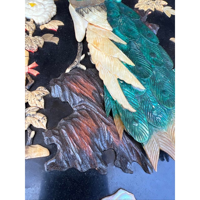 1950s Vintage Chinese Carved Shell and Lacquer Peacock WallHang Artwork, Circa 1950’s For Sale - Image 5 of 15
