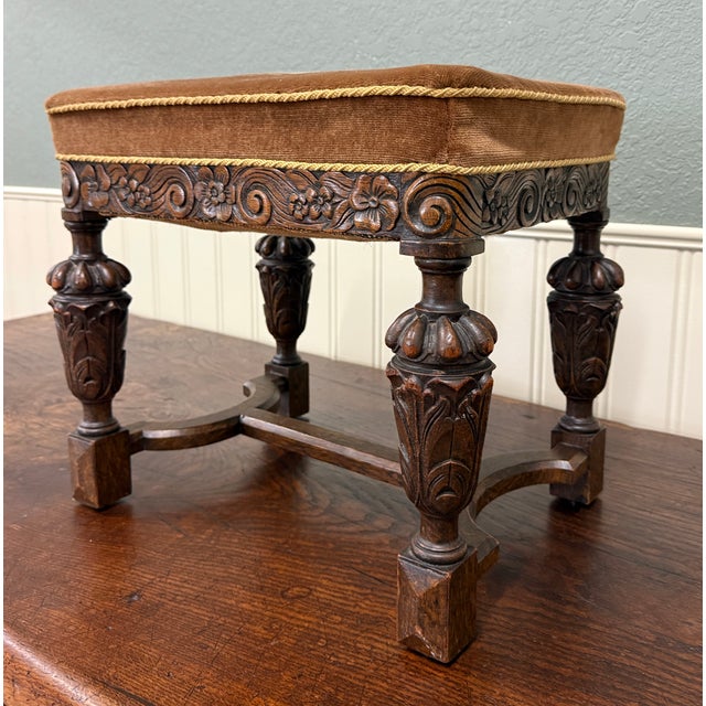 Wood Antique English Jacobean Upholstered Bench Stool Carved Oak C. 1930s For Sale - Image 7 of 16