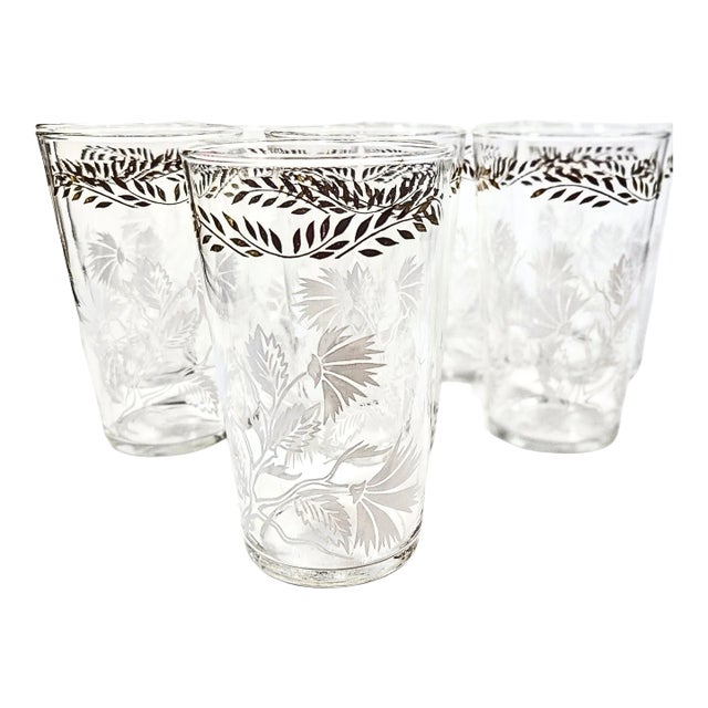 Vintage Art Deco Gold and White Floral Tumblers- Set of 8 For Sale