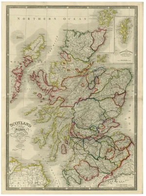 Antique Map of Scotland with Inset Map of the Shetland Islands, 1854