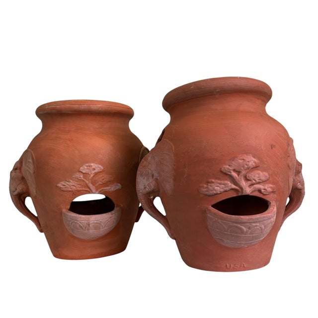 Vintage Terracotta Elephant Motif Strawberry Planter Pots, A Pair For Sale - Image 4 of 11