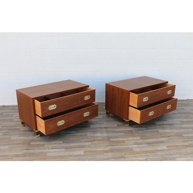 Baker Furniture Company Pair of Mid-Century Modern Campaign Walnut Nightstands by Baker Milling Road | Brass Hardware, Circa 1960s For Sale - Image 4 of 18