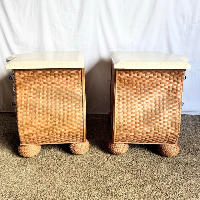 Vintage Boho Chic Tessellated Stone Top Wicker Nightstands by Whitecraft, 2 Pieces For Sale - Image 4 of 9