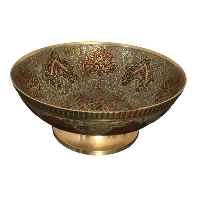 20th Century Vintage Indian Enameled Brass Footed Bowl Chairish