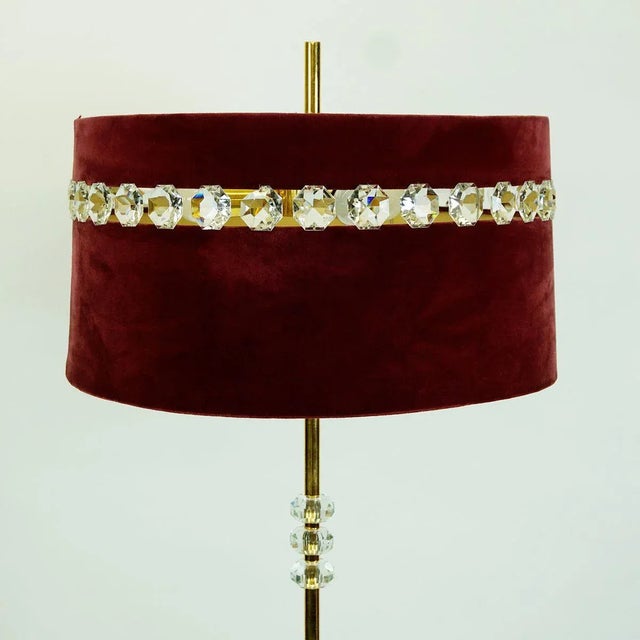 Mid-Century Austrian Brass and Crystal Glass Floor Lamp with Red Velvet Shade For Sale - Image 6 of 10