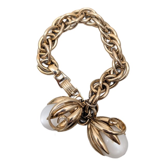 Vintage 1950s Signed Napier White Moonglow Cumquat Charm Bracelet For Sale