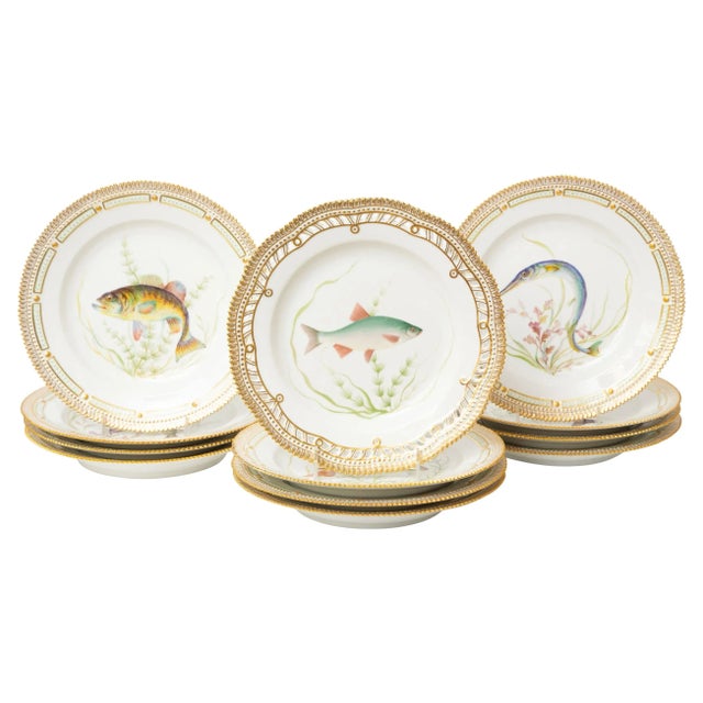 Flora Danica Fish Plates, Vintage and Vibrantly Painted, Royal Copenhagen - Set of 12 For Sale - Image 13 of 13