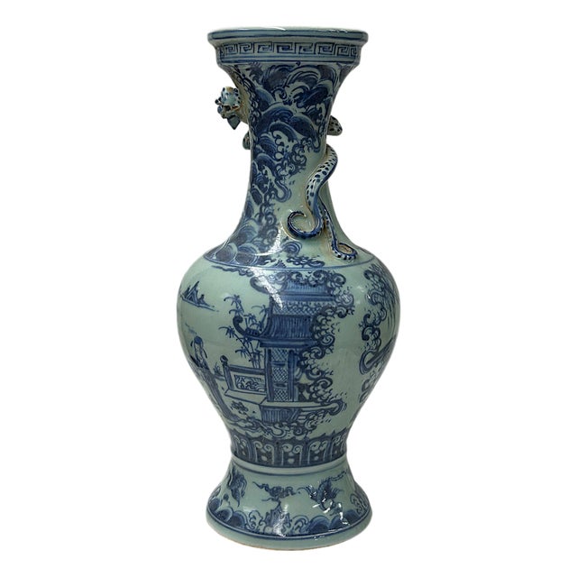 Vintage Blue White Celadon Handpainted Figural Landscape Chilong Dragon Porcelain Vase For Sale