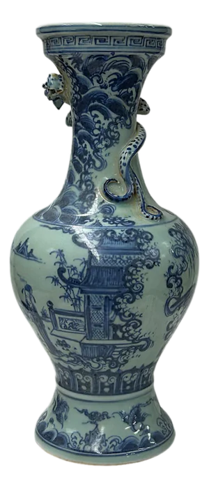 Vintage Blue White Celadon Handpainted Figural Landscape Chilong Dragon Porcelain Vase