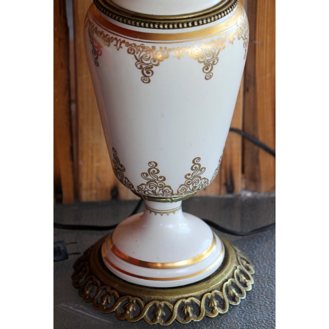 Metal Vintage Paul Hanson Co 519-A Porcelain and Brass Lamp With Gilt Ornate Scroll Trim For Sale - Image 7 of 10