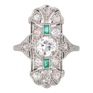 Vintage Art Deco Emerald Diamond Ring Platinum Elongated Plaque Band size 6 For Sale