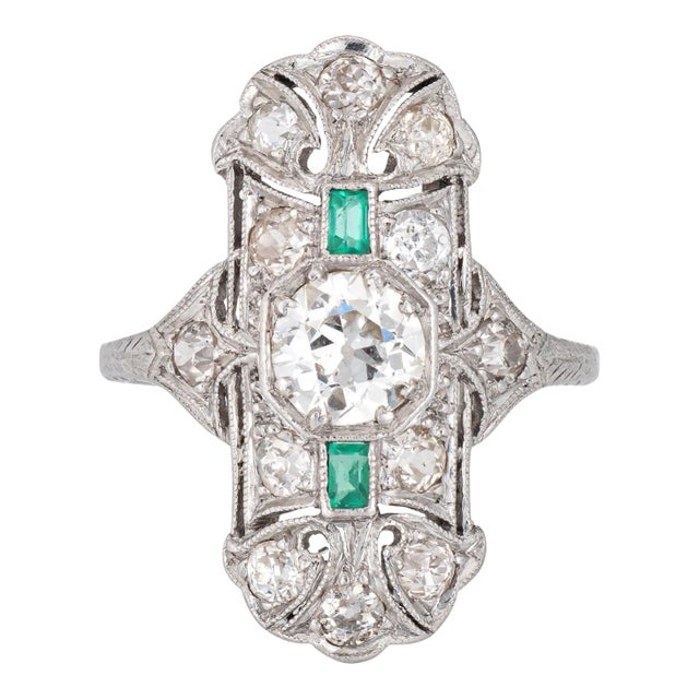 Vintage Art Deco Emerald Diamond Ring Platinum Elongated Plaque Band size 6 For Sale