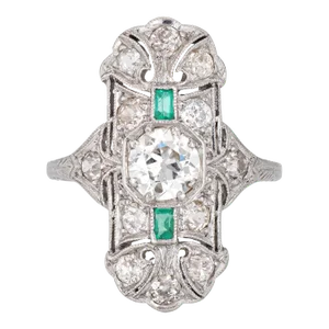 Vintage Art Deco Emerald Diamond Ring Platinum Elongated Plaque Band size 6