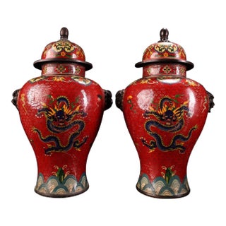 Pair of Gilt Bronze Cloisonné Enamel Dragon Motif Temple Jars For Sale