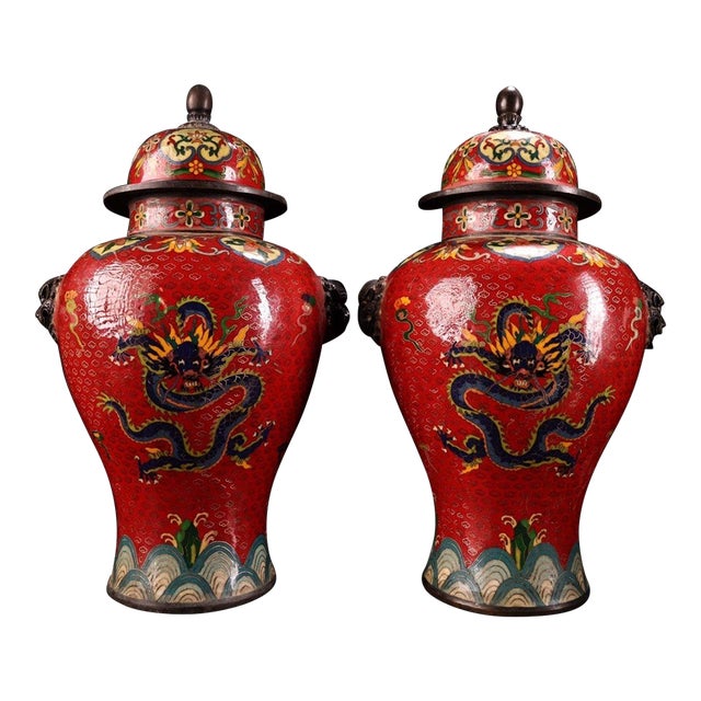 Pair of Gilt Bronze Cloisonné Enamel Dragon Motif Temple Jars For Sale