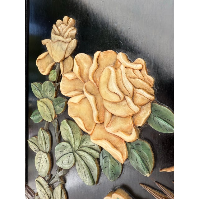 Wood Set of 4 Asian Chinoiserie Hand Carved Soapstone and Lacquer Wall Art Panels For Sale - Image 7 of 12