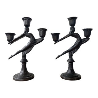 Antique Art Deco Bronze Candle Stick Holders For Sale