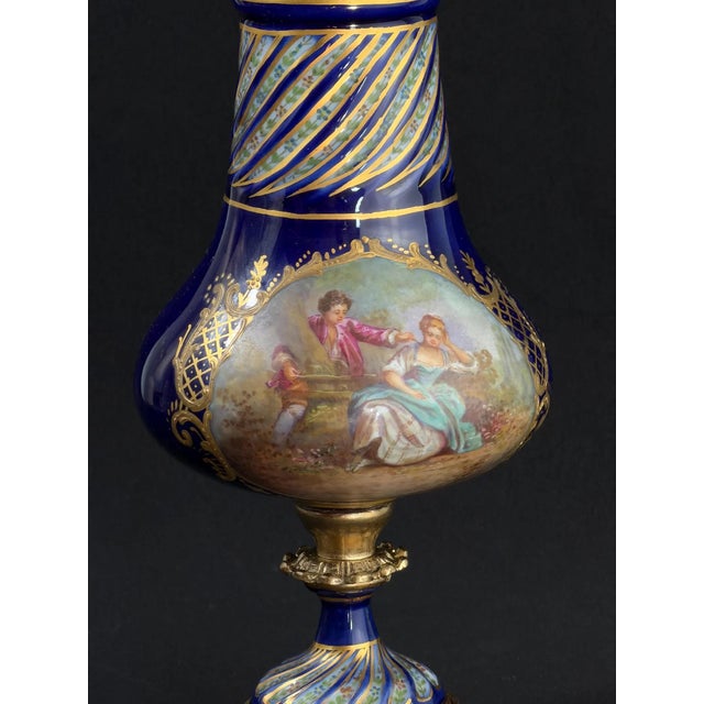 French Sèvres Style Hand Painted Cobalt Porcelain Vase, 1890s For Sale - Image 3 of 12
