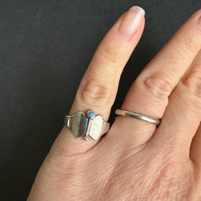 Vintage Opal Sterling Silver Modernist Ring MCM Butterfly Size 7 - 7.5 For Sale - Image 11 of 11