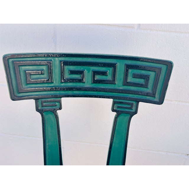 American A Pair of Early 20th-Century Cast Iron Soda Fountain Swivel Stools With Greek Key Backs. For Sale - Image 3 of 18