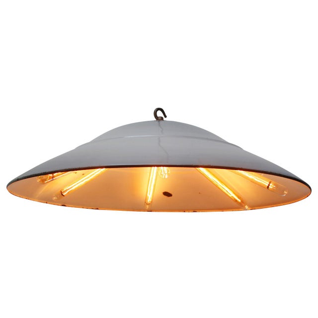 Large Mid-Century Modern Dutch Industrial Grey Enamel Pendant Lamps from Philips For Sale - Image 9 of 9