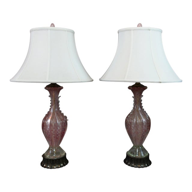 Pink Italian Murano Glass Table Lamps - A Pair For Sale