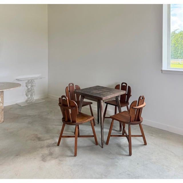 (4) Brutalist Oak Chairs Chalet-Style (After Puydt) + Steel Tolix Game Table, Set of 5 Pieces For Sale - Image 10 of 12