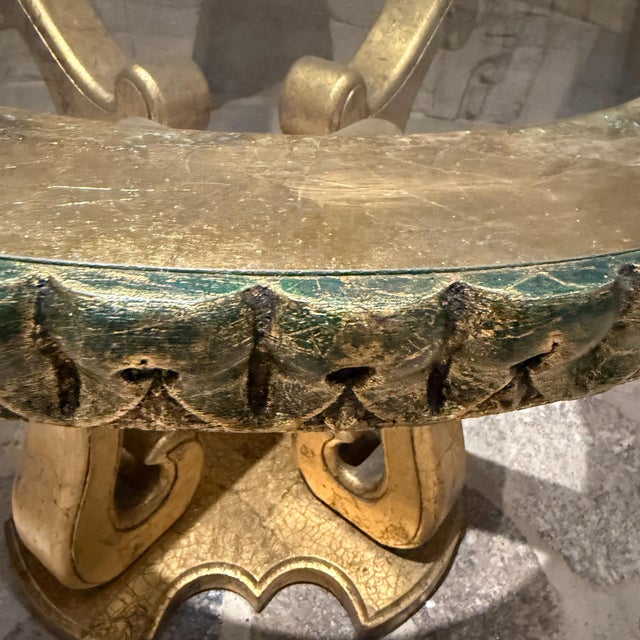 Hollywood Regency Glass-Topped Side Table Verdi Gris Gold Leaf For Sale - Image 4 of 12