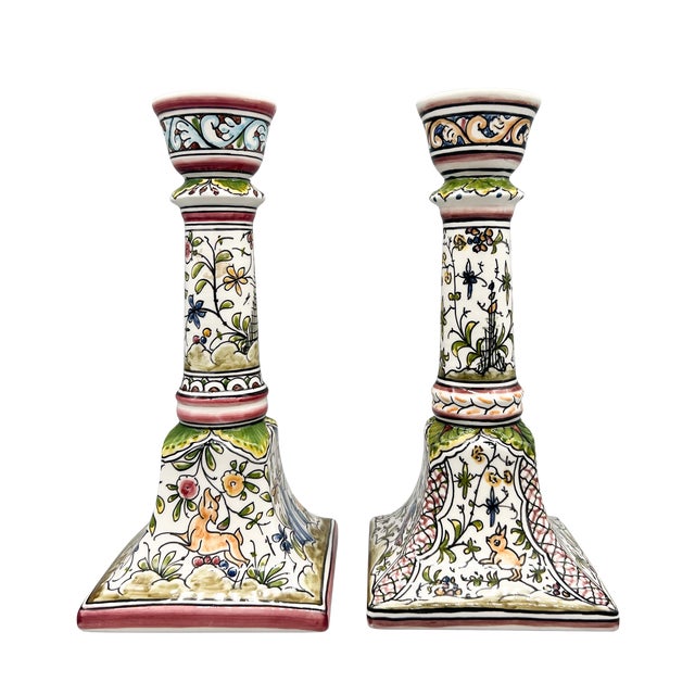 Bordallo Pinheiro Pair of Hand-Painted Portuguese Faience Candlesticks by C. Melo With Birds, Dog, Castle & Deer – Folk Art / European Traditional For Sale - Image 4 of 18