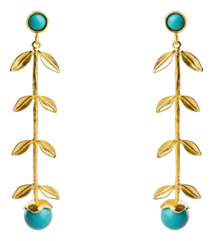 Bohemian Elegance Gold Leaf & Turquoise Stone Dangle Earrings, 2 Pieces