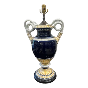 19th Century, Meissen Neoclassical Cobalt Blue & Gold Snake Handle Urn Lamp