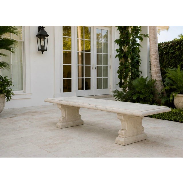 Stone Italian Neoclassical Carved White Marble Bench With Scroll Pedestal Legs For Sale - Image 7 of 11