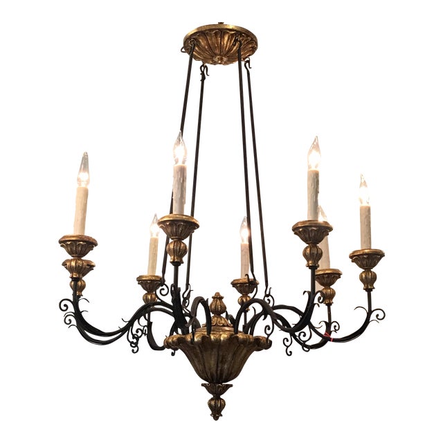 Designer Italian Gilt Wood & Iron Chandelier by Randy Esada Designs for Prospr For Sale