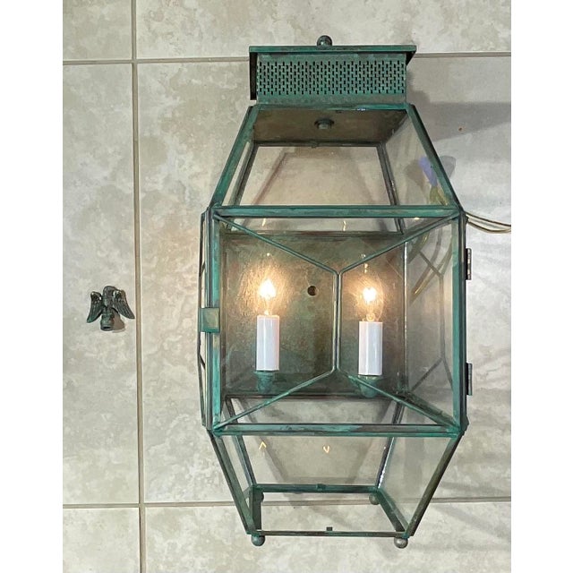 1960s Vintage Solid Brass Outdoor Wall Lantern / Wall Sconce 9”w X 9”.5 D X 19”.5 H For Sale - Image 5 of 13