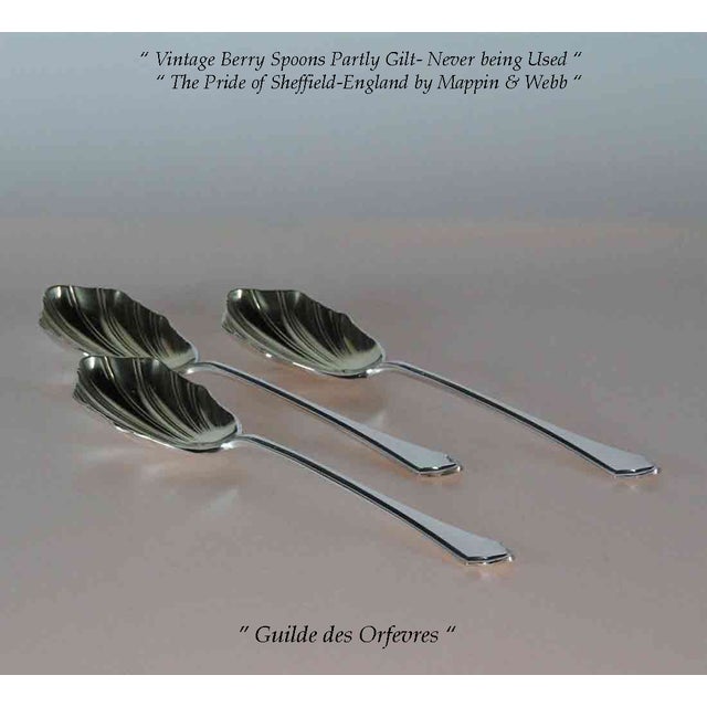1960 Vintage Mappin & Webb Silverplate Berry Spoons Pembury, Fluted and Gilt Bowls- Set of 3 For Sale - Image 10 of 15