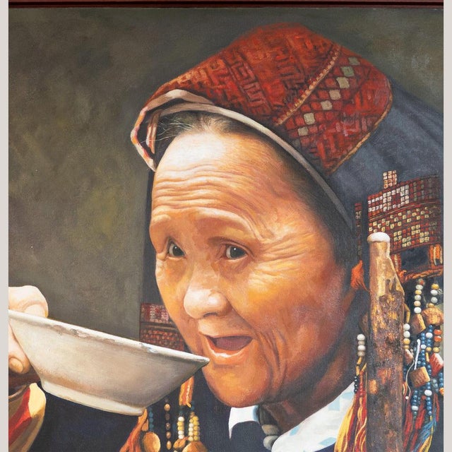 Portrait of a Tribal Woman Drinking Tea, Oil on Canvas For Sale - Image 4 of 6