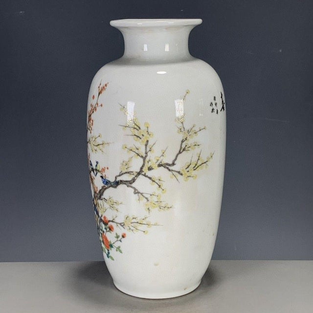 Ceramic Chinese Famille Rose Porcelain Vase With Bird & Blossom Motif For Sale - Image 7 of 9