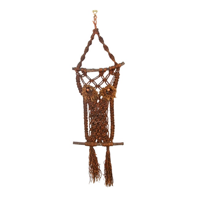 Mid Century Modern Macramé Owl American Artisan Hanging Original Wall Art Custom For Sale