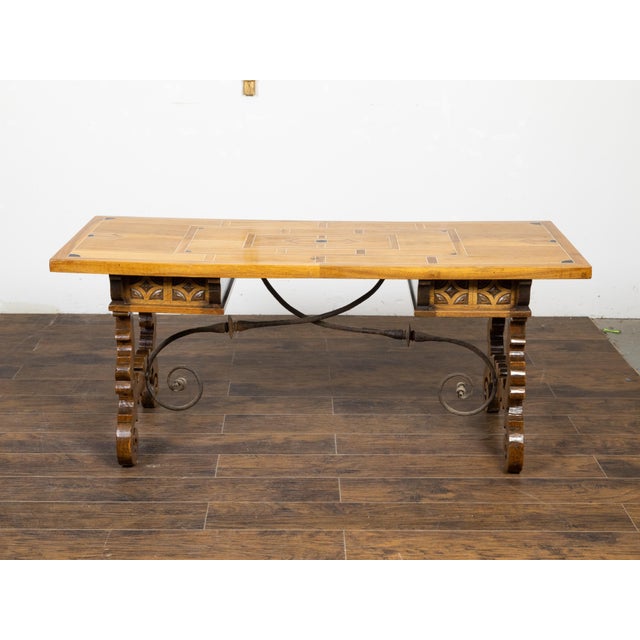 Brown Italian Baroque Style 1880s Walnut Desk with Inlaid Top and Carved Lyre Base For Sale - Image 8 of 12