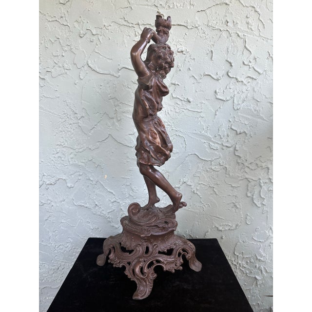Metal Antique-Style Figural Cherub Candle Holder in Cast Metal With Rococo Base 19.5” For Sale - Image 7 of 12