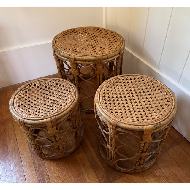 Set of 3 nesting tortoise bamboo side tables with caned tops Large table: W17.5xH17 Medium table: W14.5xH15 Small table:...