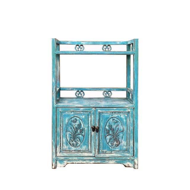 Wood Chinese Distressed Pastel Blue Open Top Display Cabinet Side Table For Sale - Image 7 of 7