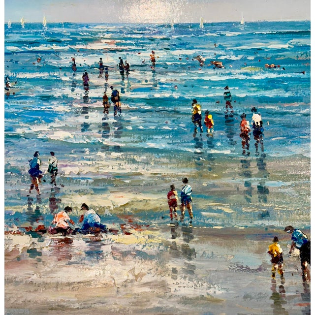 A beautifully executed original oil painting by J. Mogan depicting beachgoers wading through shallow ocean surf under a...