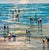 A beautifully executed original oil painting by J. Mogan depicting beachgoers wading through shallow ocean surf under a...