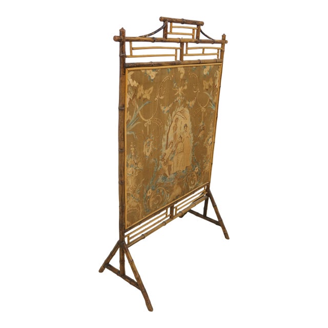 Victorian Bamboo Fireplace Screen W. European Fabric For Sale