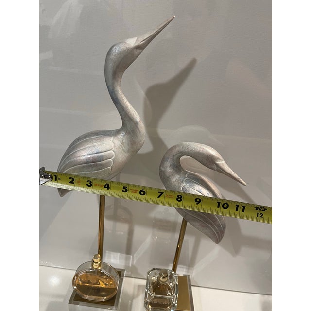 1970s Hollywood Regency Silver Leaf Crane Sculptures on Thick Lucite Bases - A Pair For Sale - Image 9 of 12