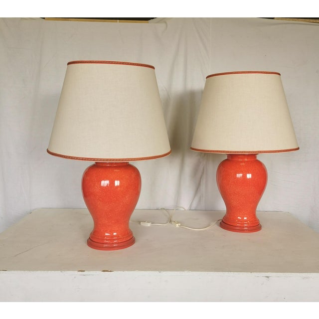 Orange Glazed Ceramic Lamps, 1975, Set of 2 For Sale - Image 6 of 8