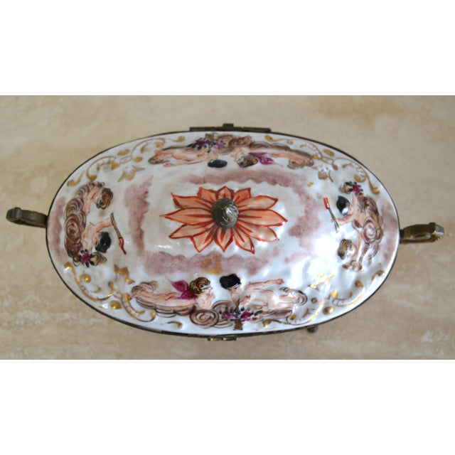 Metal 1950s French Hand Painted Lidded Bowl Ornate Angel Porcelain For Sale - Image 7 of 12