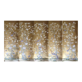 Gold Leaf Chinoiserie Hand-Painted Purple Bird & Floral Wall Panels (Set of 5) For Sale